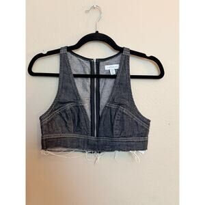 TOPSHOP Halter Corset Zipper Front Raw Hem Denim Crop Top Black Size 4